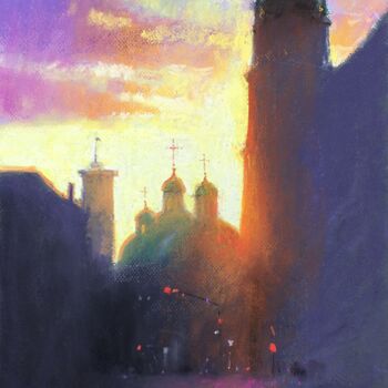 Drawing titled "City scene Sunset L…" by Andrii Kovalyk, Original Artwork, Pastel