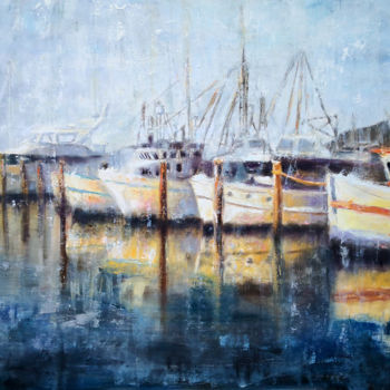 Schilderij getiteld "Ships In The Port" door Angela Suto, Origineel Kunstwerk, Olie