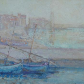 Painting titled "Le nouveau port" by Philippe Jamin, Original Artwork, Oil Mounted on Wood Stretcher frame