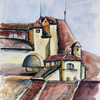 Peinture intitulée "Roofs in the old to…" par Aniko Hencz, Œuvre d'art originale, Aquarelle