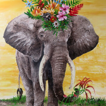 Painting titled "Elefantendame Flora…" by Anja Semling, Original Artwork, Acrylic Mounted on Wood Stretcher frame