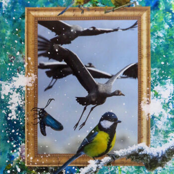 Collages titulada "Vögel im Winter" por Anja Semling, Obra de arte original, Collages Montado en Otro panel rígido