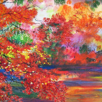 Painting titled "Autumn Aflame" by Ann Dunbar, Original Artwork, Embroidery Mounted on Cardboard