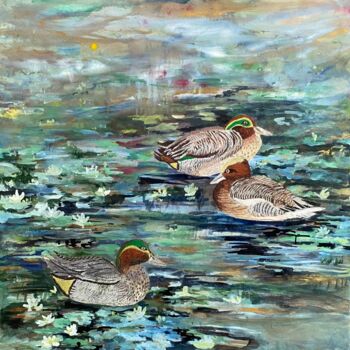 "Teal and Widgeon" başlıklı Tablo Ann Dunbar tarafından, Orijinal sanat, Akrilik Ahşap Sedye çerçevesi üzerine monte edilmiş