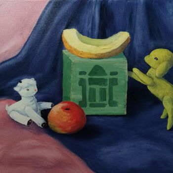 Schilderij getiteld "Upside down apple" door Anna Berlinskaia, Origineel Kunstwerk, Olie