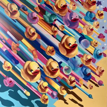 Painting titled "Duckies Pilots" by Anna Meyster, Original Artwork, Acrylic Mounted on Wood Stretcher frame