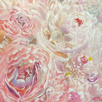 Malarstwo zatytułowany „Marshmallow peonies” autorstwa Anna Pavlovich-Naneva, Oryginalna praca, Olej Zamontowany na Drewnian…