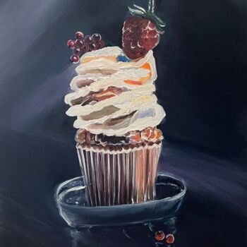 Malarstwo zatytułowany „Cupcake with berries” autorstwa Anna Pavlovich-Naneva, Oryginalna praca, Olej Zamontowany na Drewnia…