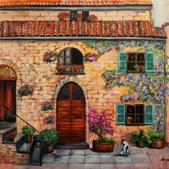 Pintura intitulada "Casa con glicine" por Anna Rita Angiolelli, Obras de arte originais, Óleo Montado em Armação em madeira