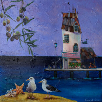 Painting titled "Fisherman's cabin" by Anna Shostak, Original Artwork, Acrylic Mounted on Wood Panel