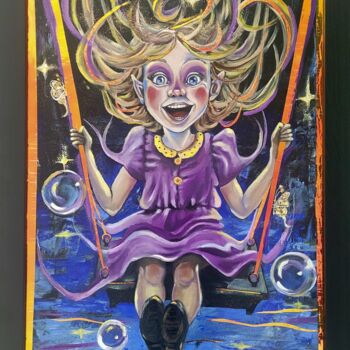 Schilderij getiteld "Girl on a Swing" door Anna Spencer, Origineel Kunstwerk, Olie Gemonteerd op Houten paneel