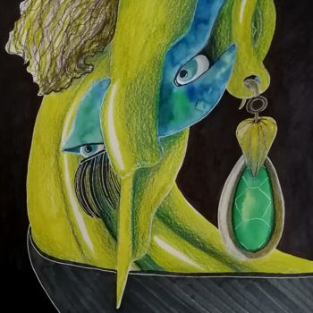 Drawing titled "Green earring" by Anna Reshetnikova, Original Artwork, Marker