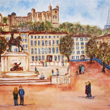 Painting titled "Place Bellecour" by Anne Gobin, Original Artwork, Acrylic Mounted on Wood Stretcher frame