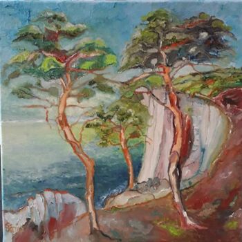 Painting titled "Les pins" by Anne Paris, Original Artwork, Oil Mounted on Wood Stretcher frame