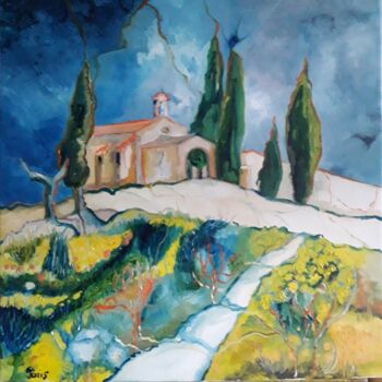 Painting titled "Eygalières, la Chap…" by Anne Paris, Original Artwork, Oil Mounted on Wood Stretcher frame