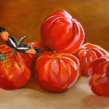 Schilderij getiteld "Tomates et papillon" door Anne Zamo, Origineel Kunstwerk, Olie