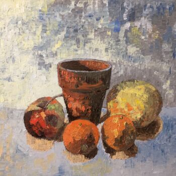 Peinture intitulée "Pot de terre et fru…" par Annie Croizier, Œuvre d'art originale, Huile Monté sur Carton