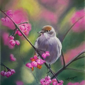 Painting titled "oiseau aux fleurs r…" by Anny Dournon, Original Artwork, Pastel