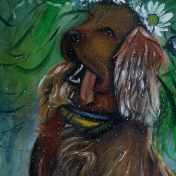 Картина под названием "il cane con i fiori" - Antonio Cariola, Подлинное произведение искусства, Масло