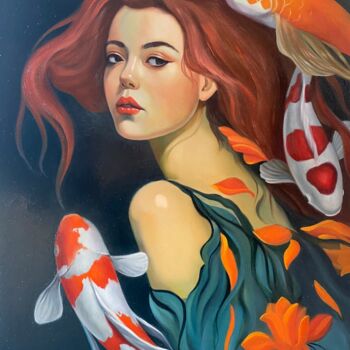 Painting titled "PORTRAIT WITH KOI F…" by Ara Gasparyan, Original Artwork, Oil Mounted on Wood Stretcher frame