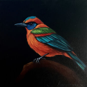 Painting titled "Dusk's Feathered Gem" by Ara Gasparyan, Original Artwork, Oil Mounted on Wood Stretcher frame