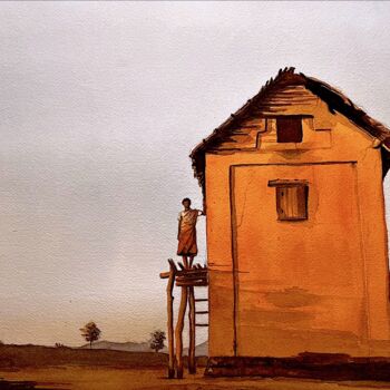 Painting titled "Campagne malgache" by Ari Rakotondraibe, Original Artwork, Watercolor