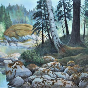 Pintura titulada "Sammaleisia kiviä" por Ari Reinikainen, Obra de arte original, Oleo Montado en Panel de madera