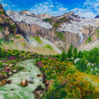 Painting titled "Alpine Mountains, S…" by Arina Yastrebova, Original Artwork, Oil Mounted on Wood Stretcher frame