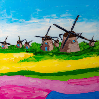 Pittura intitolato "Tulip Fields and Wi…" da Arina Yastrebova, Opera d'arte originale, Olio Montato su Cartone