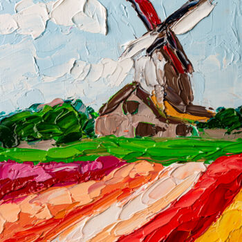 Pintura intitulada "Tulip Field Windmil…" por Arina Yastrebova, Obras de arte originais, Óleo Montado em Cartão