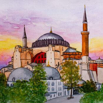Картина под названием "Hagia Sophia Mosque…" - Arina Yastrebova, Подлинное произведение искусства, Акварель