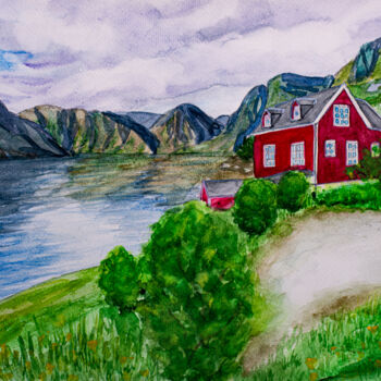 Malarstwo zatytułowany „Sognefjord, Red Hou…” autorstwa Arina Yastrebova, Oryginalna praca, Akwarela