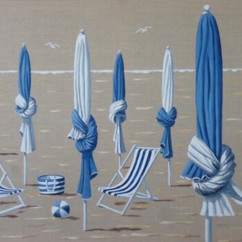 Painting titled "Parasols blancs et…" by Armelle Cailly, Original Artwork, Acrylic Mounted on Wood Stretcher frame