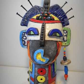 Sculpture titled "tête totem bleue" by Armelle Colombier, Original Artwork, Ceramics