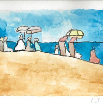 Schilderij getiteld "Un samedi à la plage" door Arnaud De La Tour, Origineel Kunstwerk, Aquarel