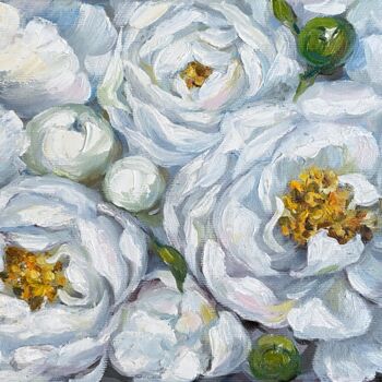 Painting titled "White peonies Origi…" by Natalia Shestopalova, Original Artwork, Oil Mounted on Wood Stretcher frame