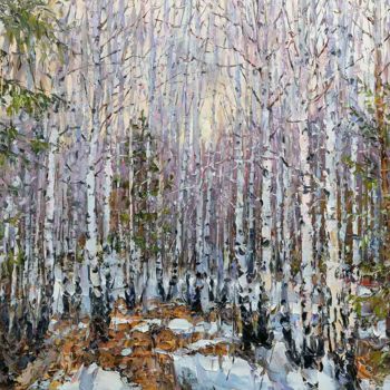 Painting titled "Birch Calico" by Sergey Demidenko, Original Artwork, Oil Mounted on Wood Stretcher frame