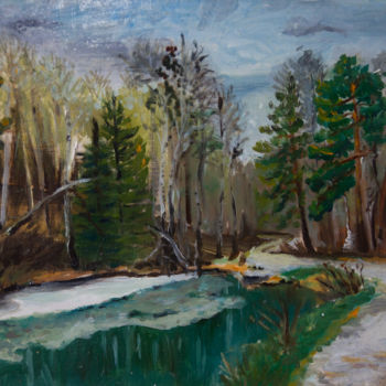 「End of April. Lake…」というタイトルの絵画 Ольга Смирноваによって, オリジナルのアートワーク, オイル
