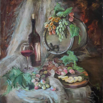 Painting titled "Виноград с вином" by Agrafena Gandziuk, Original Artwork, Oil Mounted on Wood Stretcher frame