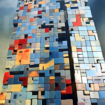 Arts numériques intitulée "Tetris Trade Center" par Artcypia, Œuvre d'art originale, Image générée par l'IA