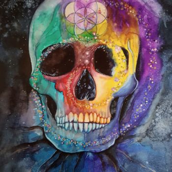 Painting titled "Cosmic Skull" by Artéâme, Original Artwork, Watercolor