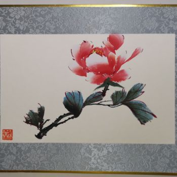Painting titled "Pivoine rouge 2" by Ruirui Duo-Fischer, Original Artwork, Watercolor Mounted on Cardboard