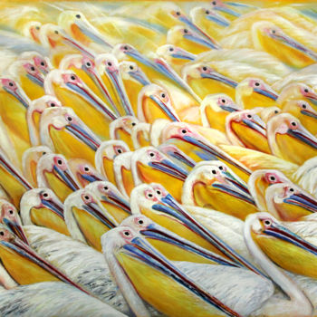 Pittura intitolato "Pelicans" da Anna Chekushkina, Opera d'arte originale, Olio