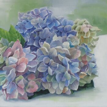 Painting titled "Bouquet d'hortensias" by Isabelle Tanguy, Original Artwork, Oil Mounted on Wood Stretcher frame