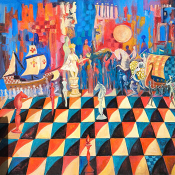 Malerei mit dem Titel "Chess in real life" von Arto Mkrtchyan, Original-Kunstwerk, Öl Auf Keilrahmen aus Holz montiert