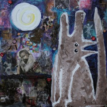 Collages intitolato "Lobo y luna" da Arturo Gaytan, Opera d'arte originale, Collages
