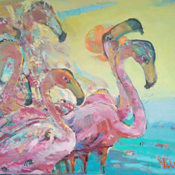 Schilderij getiteld "Flamingo dance" door Viktor Volkov, Origineel Kunstwerk, Olie