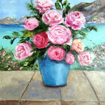 Painting titled "Pink roses oil pain…" by Elena Gridneva, Original Artwork, Oil