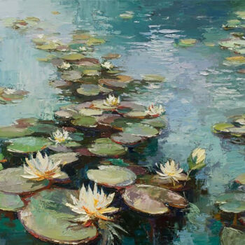 Ζωγραφική με τίτλο "Pond of Water Lilies" από Aryawansa Kumarasinghe, Αυθεντικά έργα τέχνης, Ακρυλικό Τοποθετήθηκε στο Ξύλιν…