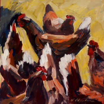 Peinture intitulée "Poules rousses 2" par Nathalia Chipilova, Œuvre d'art originale, Acrylique